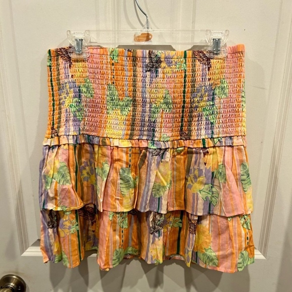 Just Bellina Women Orange Tropical Bird Floral Smocked Tiered Mini Skirt L NEW - Picture 5 of 5